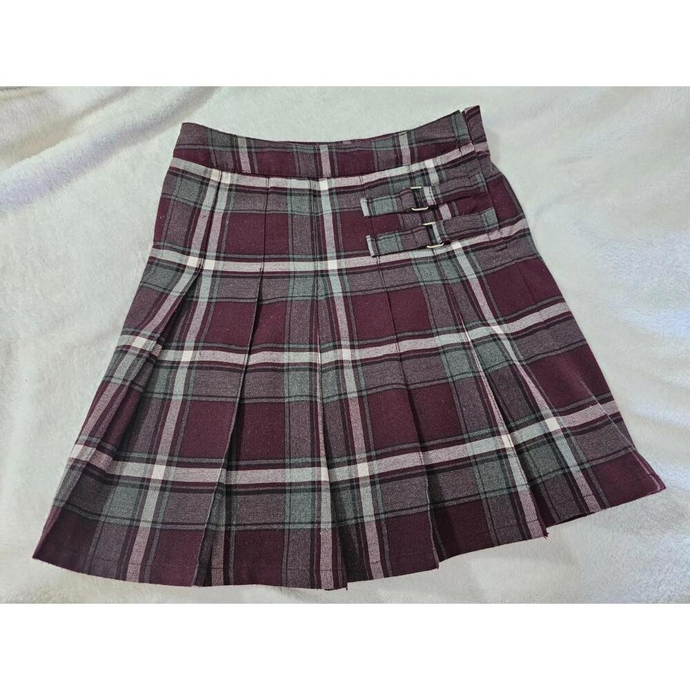 Girl's French Toast Plaid Skort Skirt Pleated Uniform Size 10 Burgundy Checkered